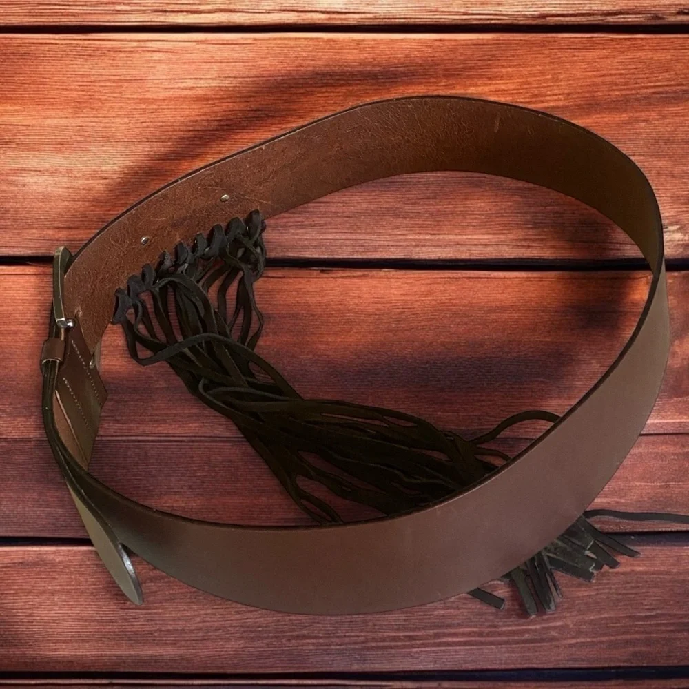 Albatros Wide Fringed Jeweled Leather Belt XL Brown Coastal Cowgirl 90’s Grunge